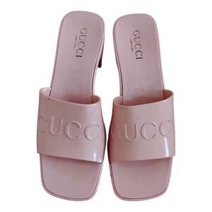 Gucci Pink Rubber Embossed Logo Chunky Heel Slides Size 38